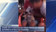 Jovens são flagrados soltando fumaça de cigarro eletrônico em boca de cachorro